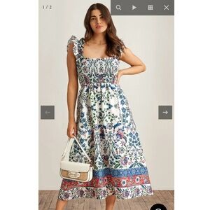 Anne Klein Floral Smocked Ruffle Sleeve Midi Dress